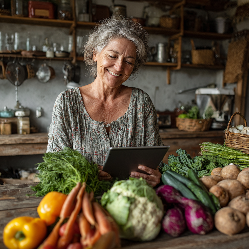 Жінка 52 років з усмішкою дивиться на планшет з додатком drampelorn, на столі свіжі продукти