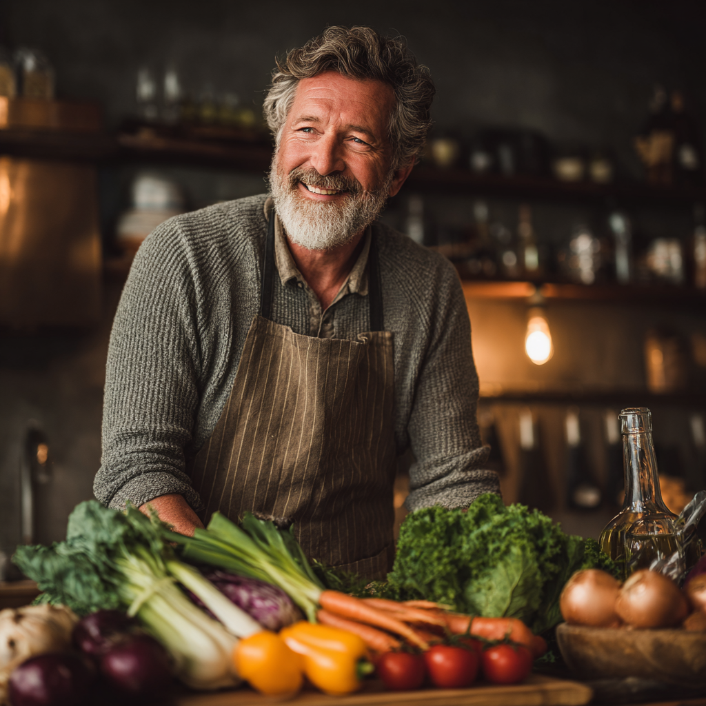 Чоловік 58 років готує здорову їжу на кухні, усміхається та тримає овочі