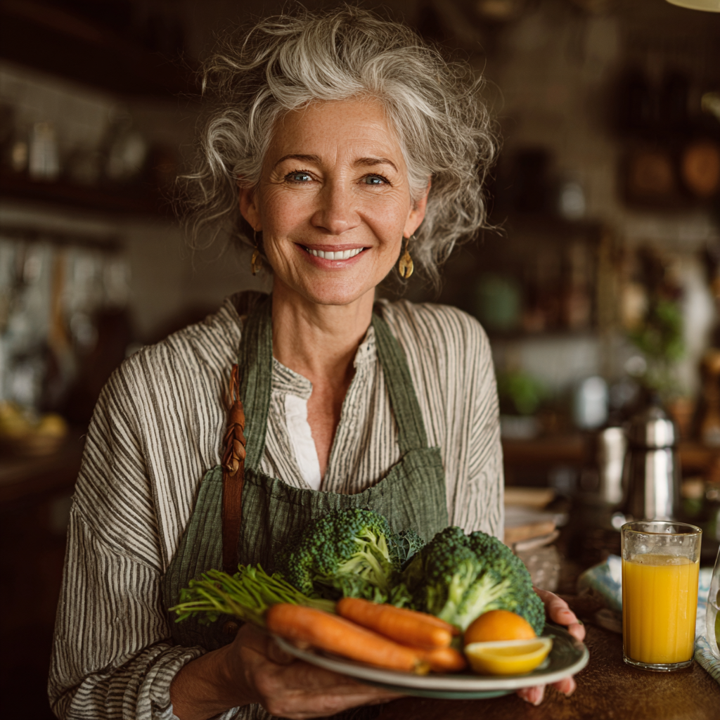 Усміхнена жінка 55 років тримає тарілку зі здоровою їжею, сидячи за кухонним столом